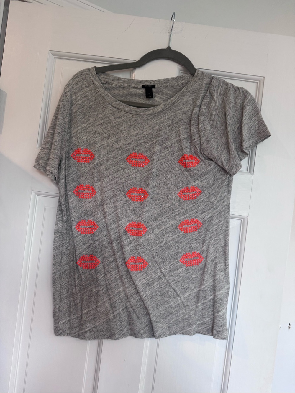 J. Crew Gray Short-Sleeve Tee with Coral Lip Motif